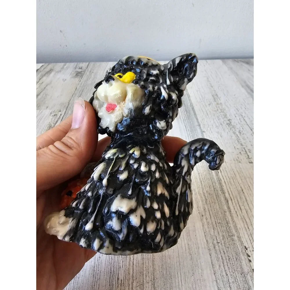 Vintage melted candle cat holder stick pumpkin jack-o'-lantern‎